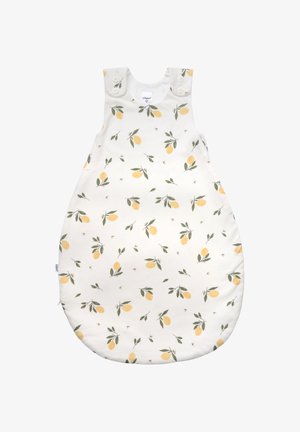 Schlafsack mit Zitronen- und Blattmuster auf einem cremefarbenen Hintergrund. Weiches Baumwollmaterial, runde Form, mit Druckknöpfen an den Schultern.