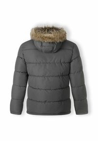 Grey padded jacket with a fur-lined hood, featuring horizontal stitching and a smooth texture. Designed for warmth and comfort.