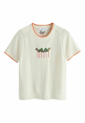 White short-sleeve sweater with orange trim and embroidered green and pink leaves on the chest and inside neckline.