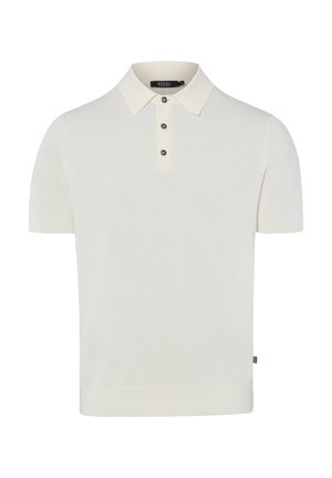 Weißes Poloshirt mit kurzen Ärmeln, spitzem Kragen und drei dunklen Knöpfen auf der vorderen Knopfleiste.