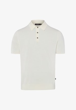 Weißes Poloshirt mit kurzen Ärmeln, spitzem Kragen und drei dunklen Knöpfen auf der vorderen Knopfleiste.