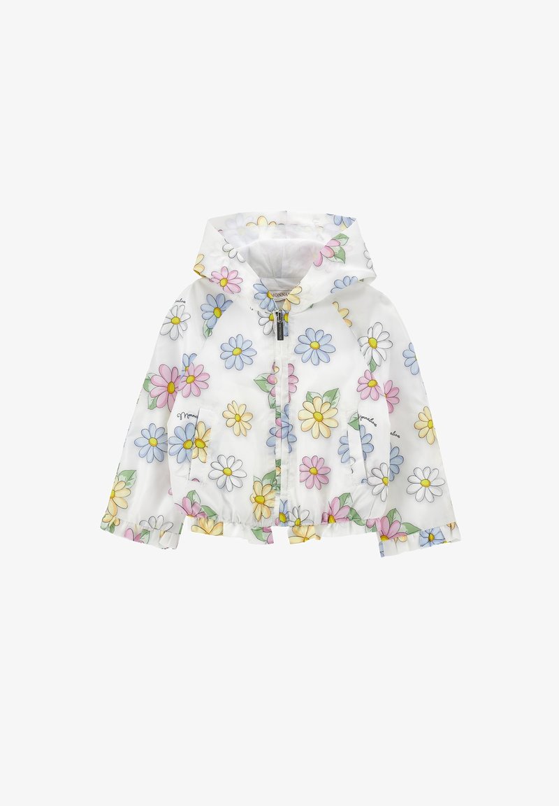 Veste blanche à capuche avec fermeture éclair sur le devant et imprimé de marguerites multicolores dans des tons pastel de jaune, rose, bleu et feuilles vertes.