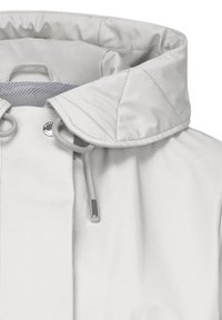 Helle graue wasserdichte Jacke mit einem gesteppten Kragen, Kordelzugverschluss und einem Netzfutter. Verfügt über glattes Material und metallische Akzente.