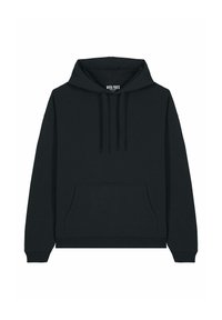 Felpa nera realizzata in tessuto misto cotone, con tasca frontale a marsupio, cappuccio con cordino e polsini e fondo a coste.