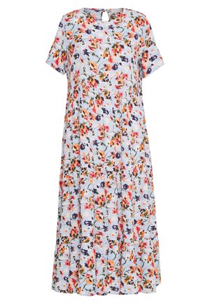 Robe midi bleu clair à manches courtes présentant un motif floral coloré sur l’ensemble et une petite fermeture par bouton au dos du col.