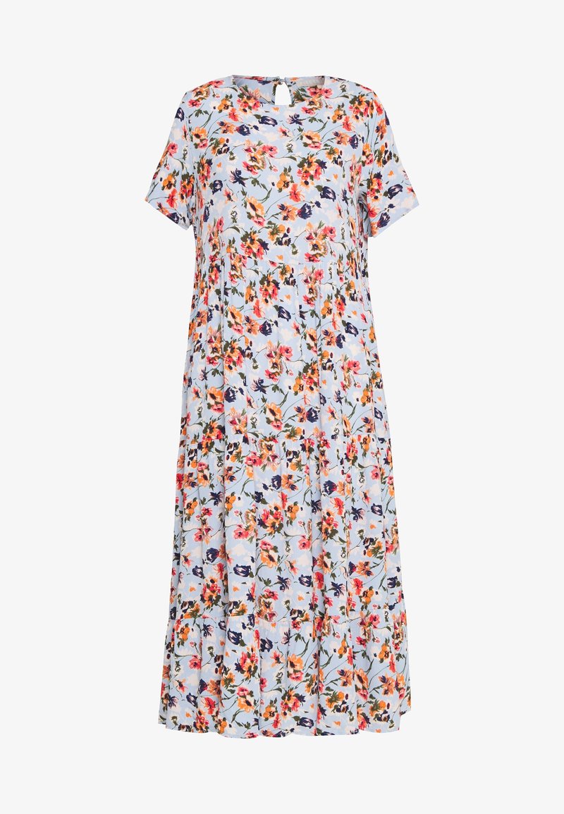 Robe midi bleu clair à manches courtes présentant un motif floral coloré sur l’ensemble et une petite fermeture par bouton au dos du col.
