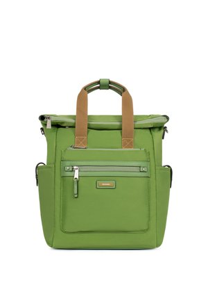 Groene rechthoekige rugzak met een voorvak met rits, bruine dubbele handvatten, zijvakken en een ritssluiting aan de bovenkant.