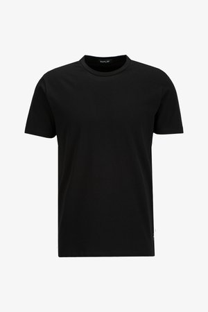 Black short-sleeve t-shirt made of cotton, featuring a classic crew neck design and a relaxed fit. Simple and minimalistic style.