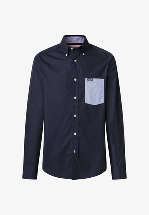 Navy button-up shirt made of cotton. Features a contrasting light blue striped pocket and inner collar detail. Standard fit with long sleeves.
