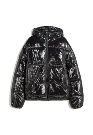 Black puffer jacket with a glossy finish, horizontal quilted design, adjustable hood, two front pockets, and a central zipper closure.