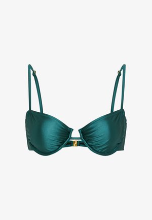 Sininen satiininen balconette-rintaliivit tukiraudoilla, säädettävät ohuet olkaimet ja kultainen edessä oleva solki.