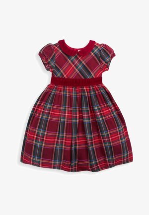 Robe écossaise rouge pour tout-petit avec manches bouffantes, col Claudine et ceinture en velours, avec des rayures vertes, bleues et jaunes.
