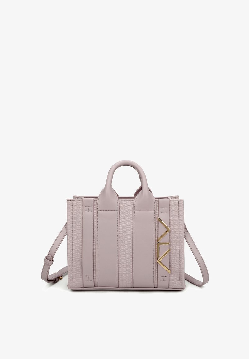 Borsa a mano in pelle rosa con forma strutturata, dotata di due manici superiori, una tracolla rimovibile e dettagli in metallo dorato.