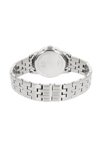 Edelstahlarmbanduhr mit einem polierten silbernen Gehäuse und Armband. Der runde Gehäuseboden verfügt über gravierte Details. Wassertiefenbeständig bis 50 Meter.