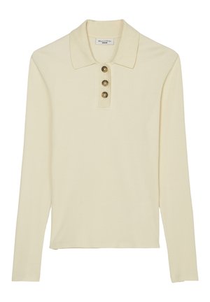 Kremowa prążkowana koszulka polo z długim rękawem, klasycznym kołnierzykiem i trzema brązowymi guzikami na przednim listwie.