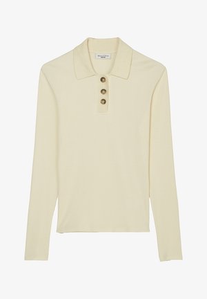 Cream ribbed long-sleeve polo shirt with a classic collar and three brown buttons down the front placket.