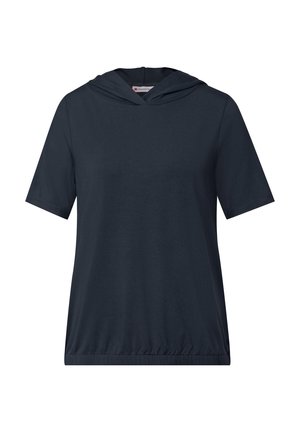 Haut à capuche navy à manches courtes, en tissu doux, avec une coupe décontractée et un ourlet élastique pour un confort ajustable.