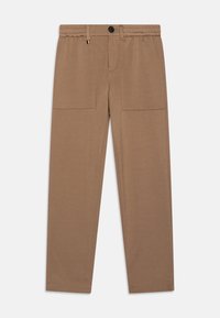 Hnědé kalhoty s volným střihem, elastick�ým pasem a zapínáním na knoflík. Mají přední kapsy a hladký, měkký textilní povrch.