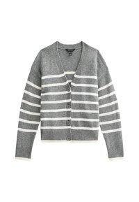 Szary, dziany kardigan z białymi paskami, z dekoltem w serek, długimi rękawami, z pięcioma guzikami i skróconym krojem. Teksturowana, miękka tkanina.