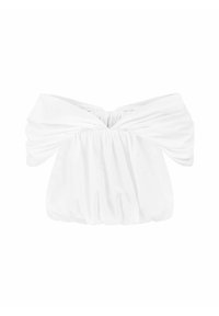 Biała bluzka bez ramiączek z marszczonym wzorem, z szerokim, drapowanym dekoltem i luźnym, elastycznym korpusem. Gładka faktura.