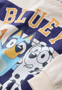 Sweatshirt crème arborant un motif coloré de deux chiens, avec le mot "BLUEY" en lettres jaunes audacieuses sur une bande bleu foncé.