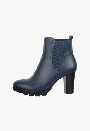Blue leather ankle boot with textured side panel, round toe, and a high block heel. Sturdy sole with traction pattern for grip.