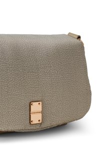 Light gray textured handbag with a smooth finish. Features a gold-tone hardware accent at the front, rectangular shape, and soft edges.