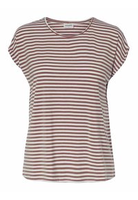 Randig t-shirt i mjukt tyg med horisontella vita och rost-röda ränder, rund halsringning och korta ärmar med avslappnad passform.