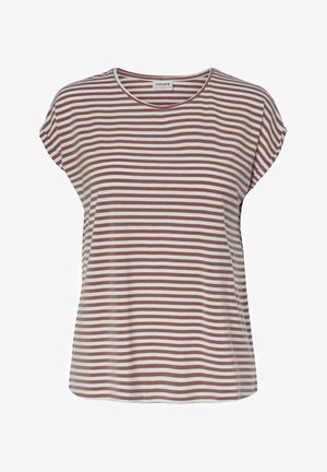 T-shirt a righe in morbido tessuto con strisce orizzontali bianche e rosso ruggine, scollo rotondo e maniche corte con vestibilità comoda.