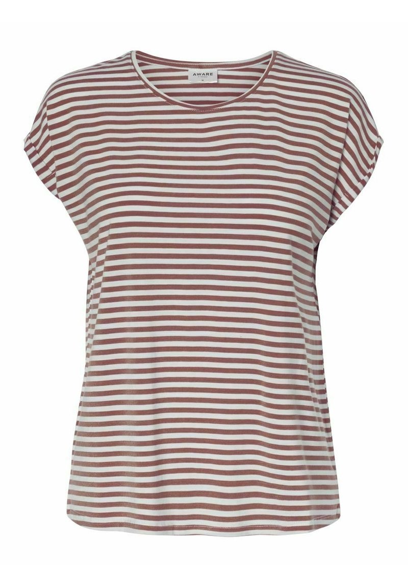 Randig t-shirt i mjukt tyg med horisontella vita och rost-röda ränder, rund halsringning och korta ärmar med avslappnad passform.