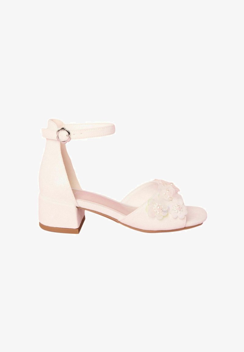 Pink ankle strap sandal with a block heel, soft material, decorated with flower appliqués and beads on the toe box, smooth sole.