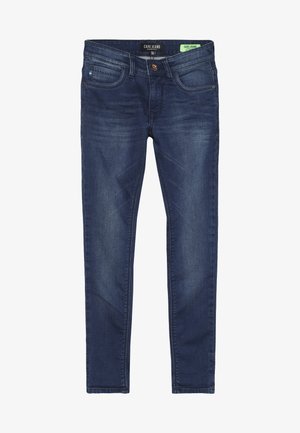 Donkerblauwe spijkerbroek van denim, met een slanke pasvorm, ontwerp met vijf zakken, knoopsluiting aan de voorkant en een subtiele vervaagde textuur.