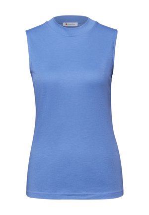 Ærmeløs lyseblå striktop med høj rund hals og glat stoftekstur.