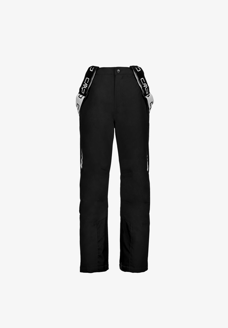 Mustat hiihtohousut, joissa on säädettävät olkaimet, vetoketjulliset taskut ja vahvistetut alaosat. Valmistettu kestävästä, vedenkestävästä materiaalista.