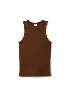 Débardeur marron côtelé sans manches avec col rond, posé à plat sur un fond blanc.