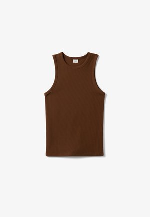 Débardeur marron côtelé sans manches avec col rond, posé à plat sur un fond blanc.