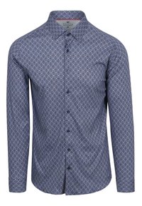 Langarmshirt in marineblauw met een bloemenpatroon, featuring een button-down kraag en donkere knopen. Gemaakt van een zachte, gestructureerde stof.