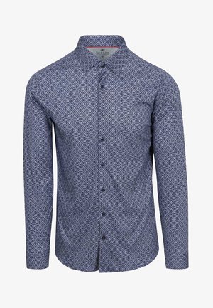 Langarmshirt in marineblauw met een bloemenpatroon, featuring een button-down kraag en donkere knopen. Gemaakt van een zachte, gestructureerde stof.