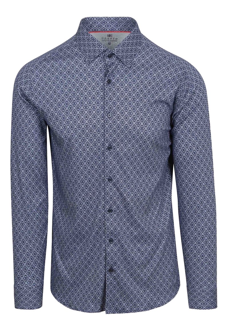 Langarmshirt in marineblauw met een bloemenpatroon, featuring een button-down kraag en donkere knopen. Gemaakt van een zachte, gestructureerde stof.