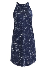 Robe sans manches bleu marine avec un motif marbré blanc, dotée d'un col montant et d'une coupe décontractée. Tissu léger avec une texture lisse.