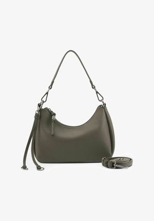 Sac à bandoulière en cuir vert olive avec sangle amovible, fermeture éclair et deux pompons décoratifs sur fond blanc.