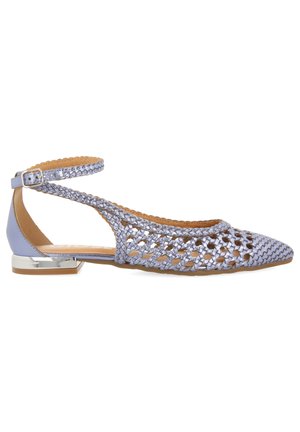 Light lavender flat shoe with woven design, open back, ankle strap, and small metallic heel. Smooth finish and pointed toe shape.