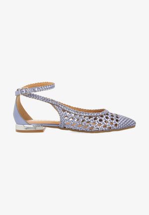 Light lavender flat shoe with woven design, open back, ankle strap, and small metallic heel. Smooth finish and pointed toe shape.