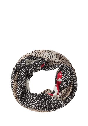 Komin w formie szalika typu infinity z mieszanymi wzorami zwierzęcymi w kolorach beżowym, czarnym, białym i czerwonym, ułożony w kształt koła.