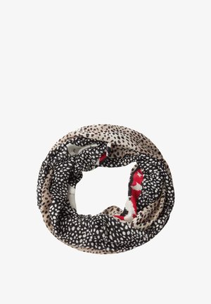 Écharpe infinity avec motifs animaliers mélangés en beige, noir, blanc et rouge, disposée en forme circulaire.