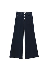 Spodnie dżinsowe typu wide-leg w ciemnym granacie z wysokim stanem, zapięciem na pięć guzików i strzępionym dołem. Posiadają dwie kieszenie z przodu.