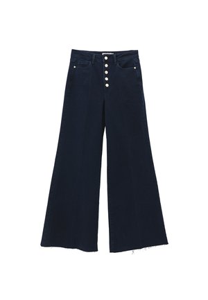 Pantaloni in denim a gamba ampia di colore blu scuro con vita alta, chiusura a cinque bottoni e orlo sfrangiato. Presentano due tasche frontali.