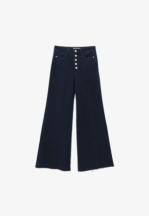 Pantalones de mezclilla de pierna ancha en azul marino oscuro con una cintura alta, cierre de cinco botones y dobladillo deshilachado. Cuenta con dos bolsillos frontales.