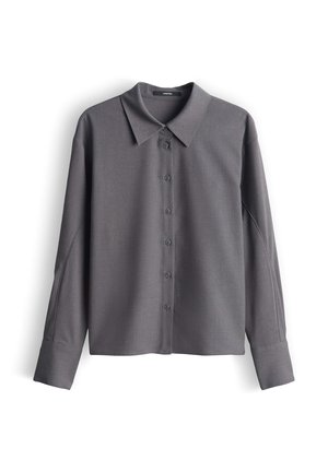 Graues Langarmhemd mit Kragen, Knopfleiste und lockerem Schnitt. Hergestellt aus glattem Stoff mit subtiler Textur.