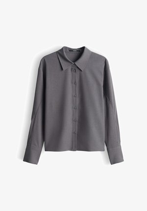 Graues Langarmhemd mit Kragen, Knopfleiste und lockerem Schnitt. Hergestellt aus glattem Stoff mit subtiler Textur.
